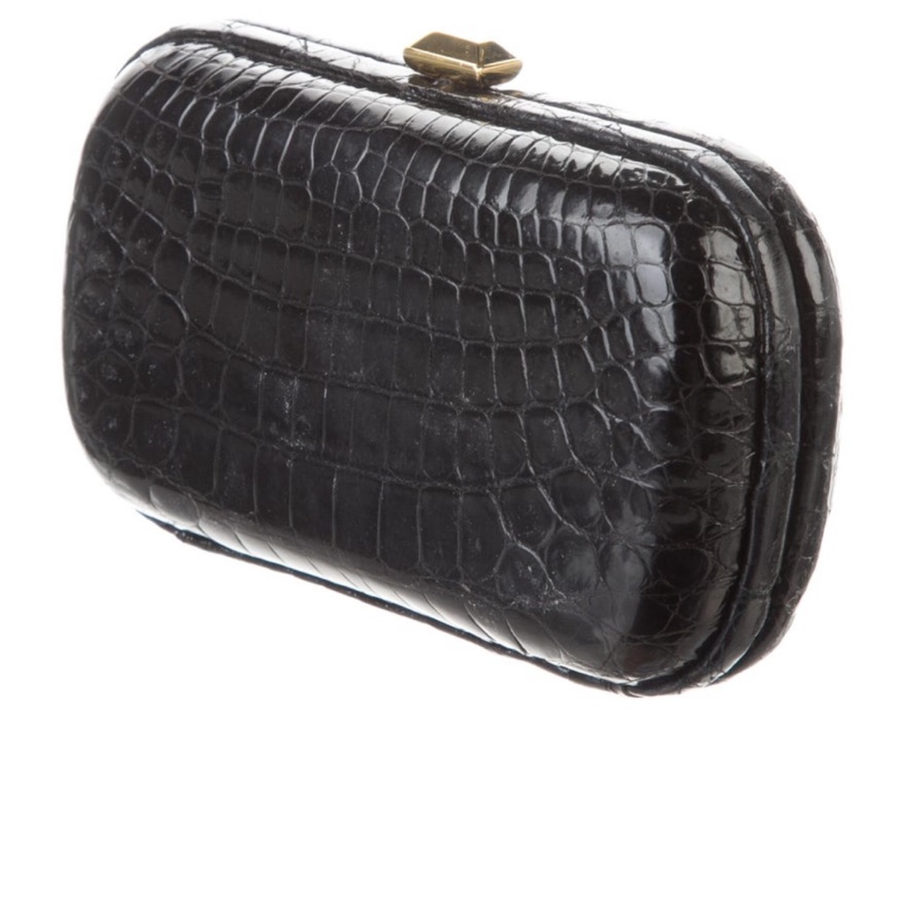 Vintage Bottega Veneta Black Croc-Embossed Box Clutch with Gold Clasp - Picture 2 of 5